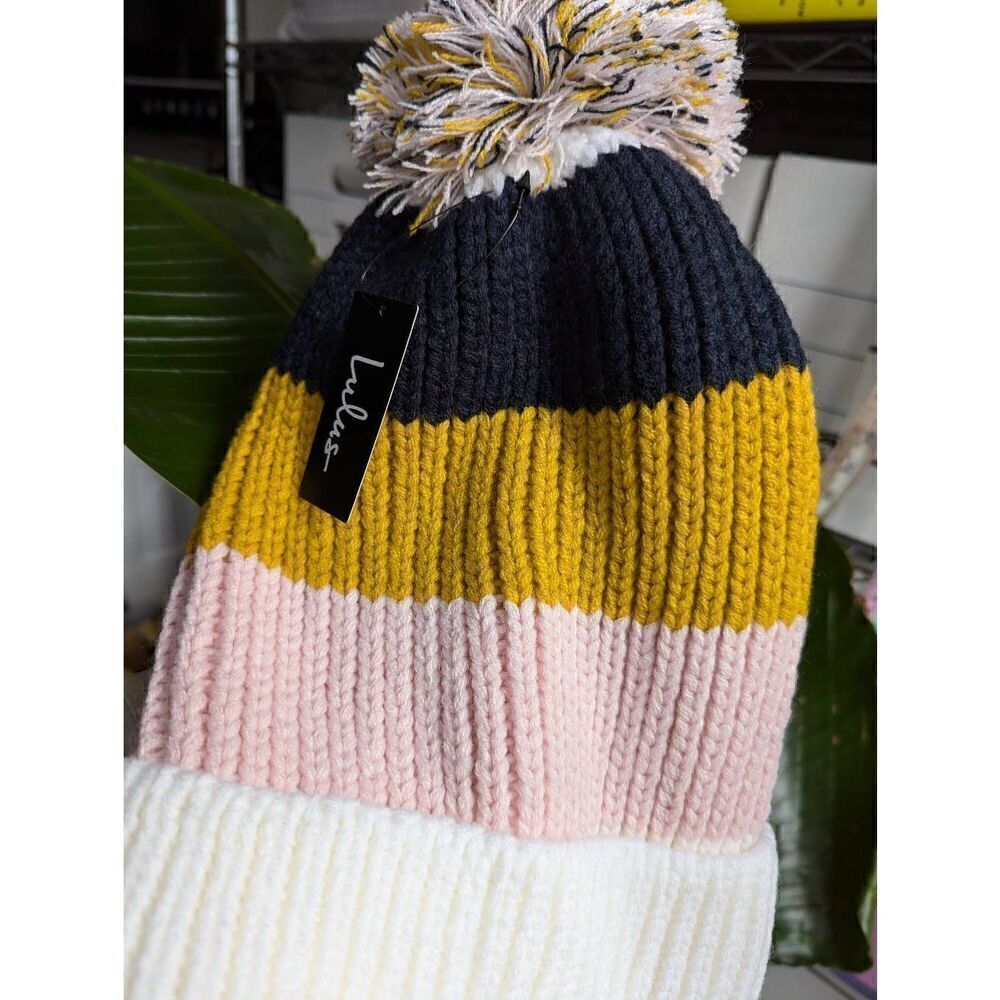 Lulu's Annalise multi color block pom pom beanie